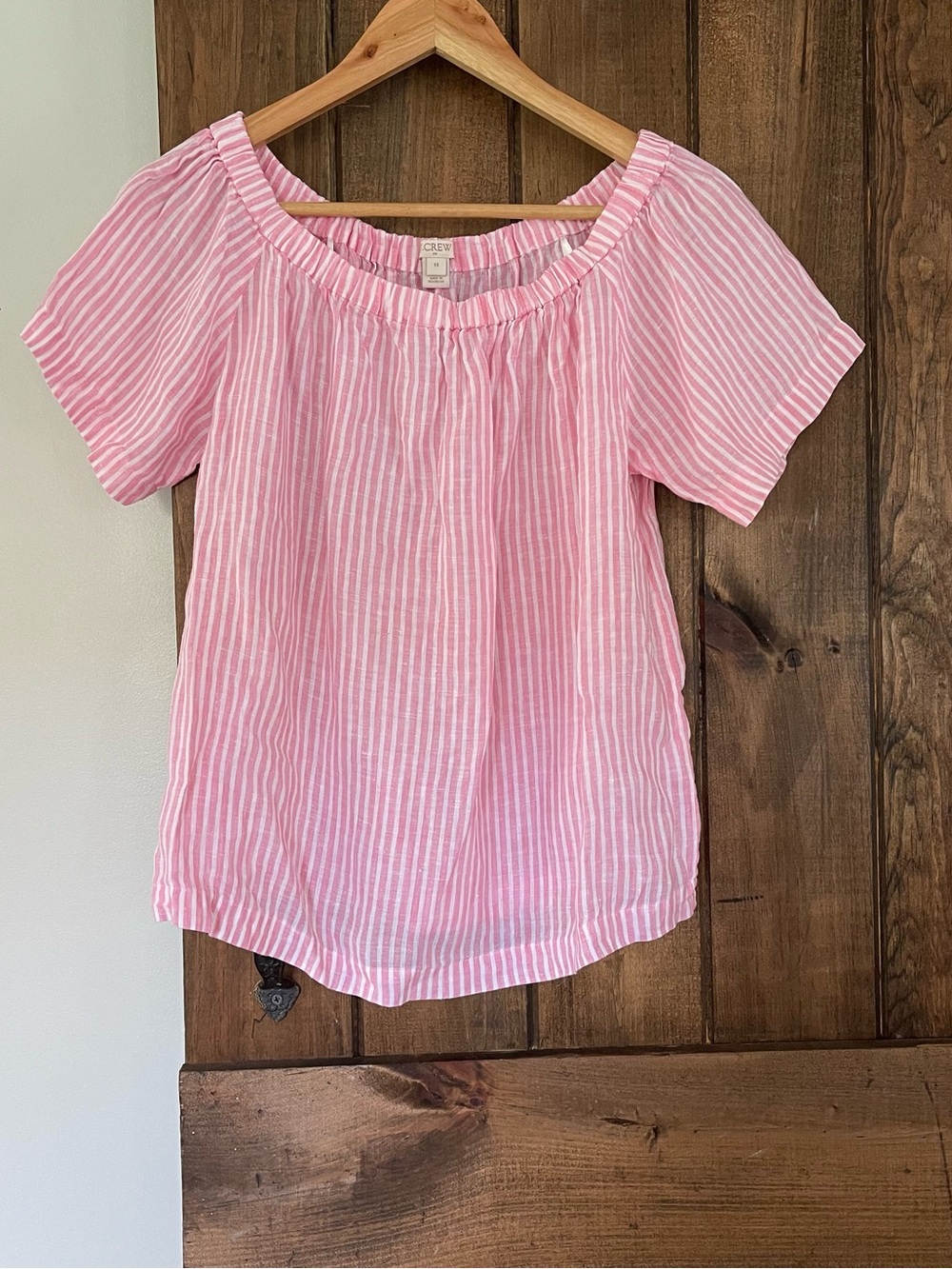 J. Crew Pink & White Candy Stripe Linen Off The Shoulder Top XS